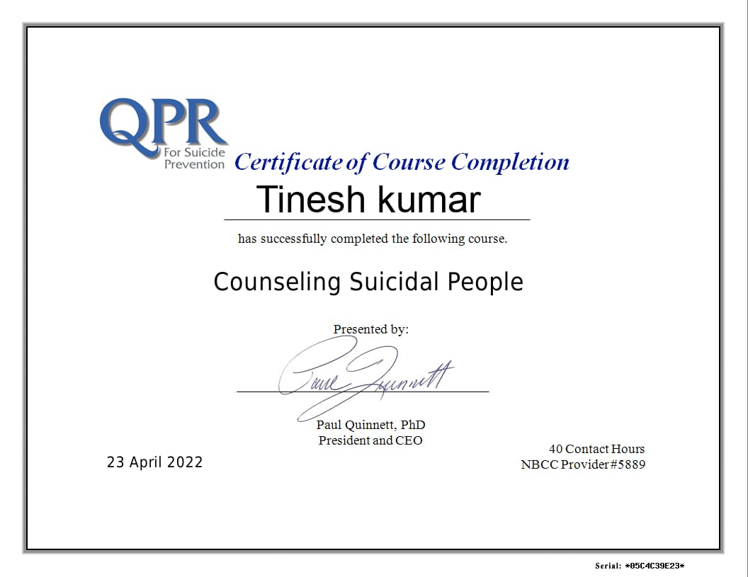 Certificate of Course Completion for Counseling Suicidal People